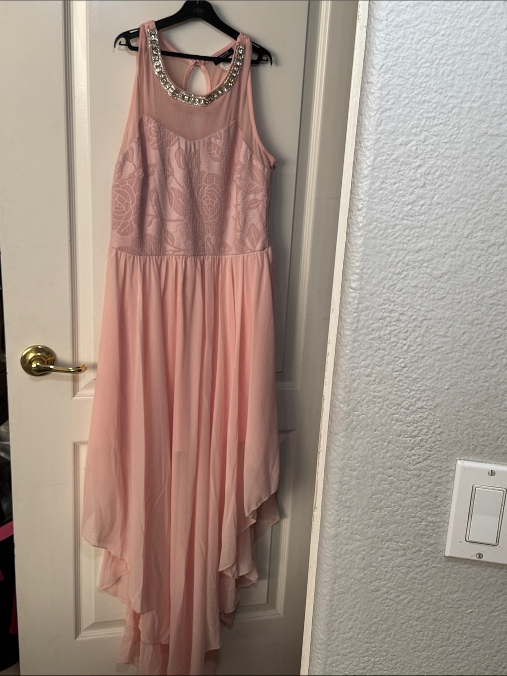 Kimcine juniors Blush Pink jewel Beaded Lace High-Low Formal Dress Sz Jrs L